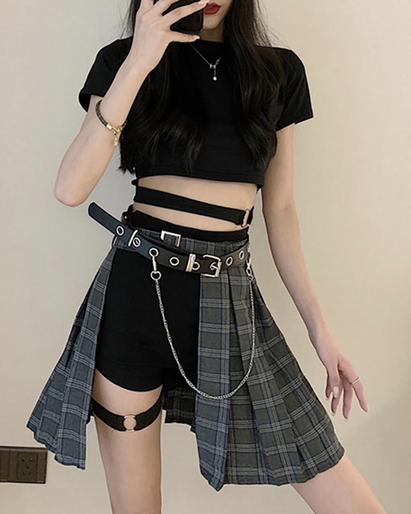 

Plaid Print Asymmetrical Pleated Skirt With Belt, Blue
