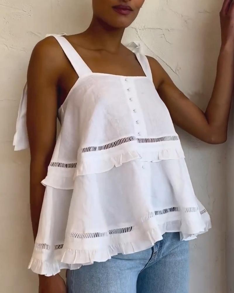 

Frill Hem Buttoned Flowy Tank Top, White