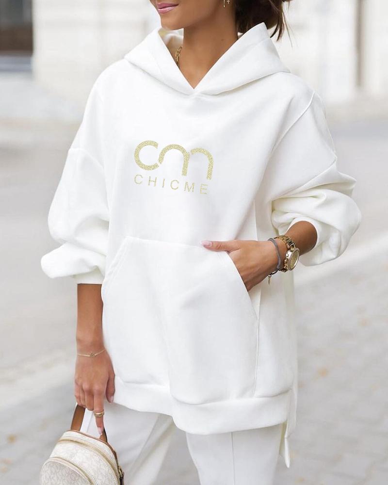 

Letter Print Lantern Sleeve Pocket Design Hoodie, White