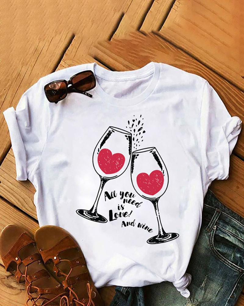 

Wine Glass Print Short Sleeve Casual T-shirt, Style1