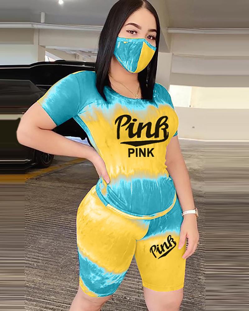

Tie Dye Letter Print Short Sleeve Top & Shorts Set With Face Mask, Blue