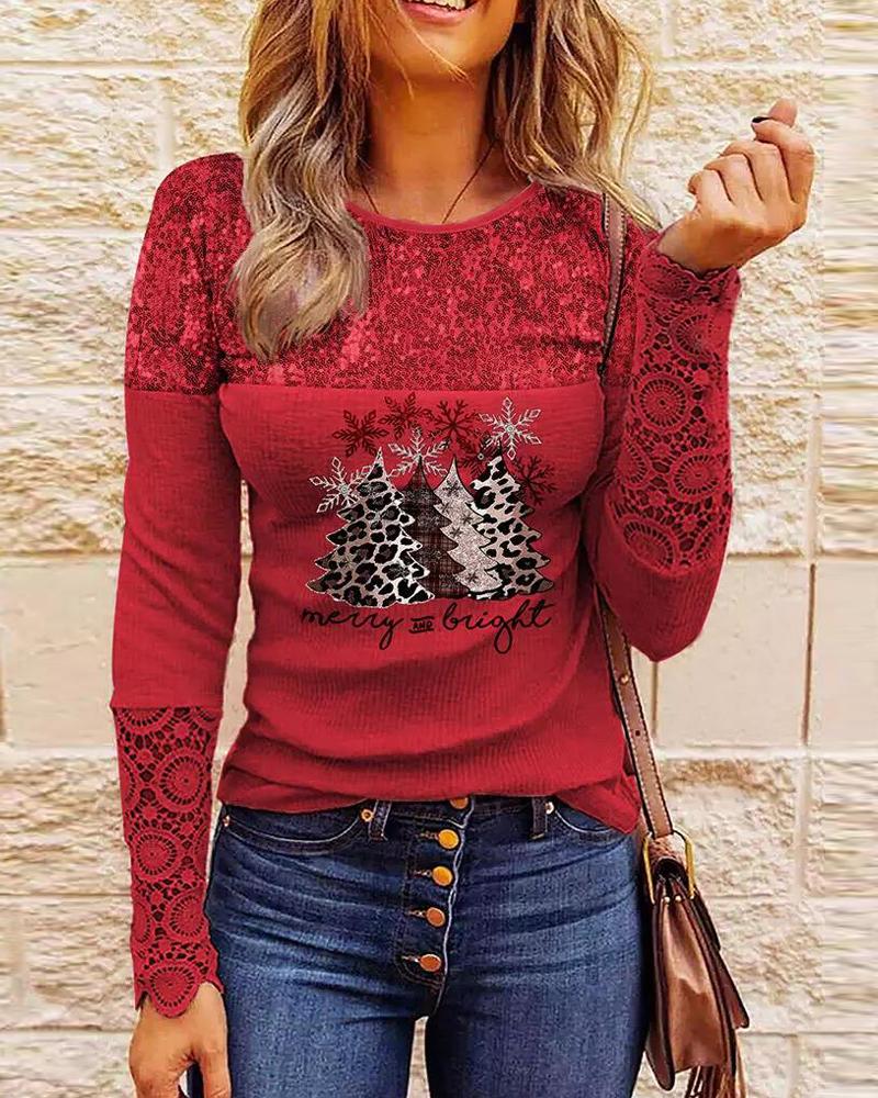 

Christmas Print Contrast Sequin Long Sleeve Top, Red