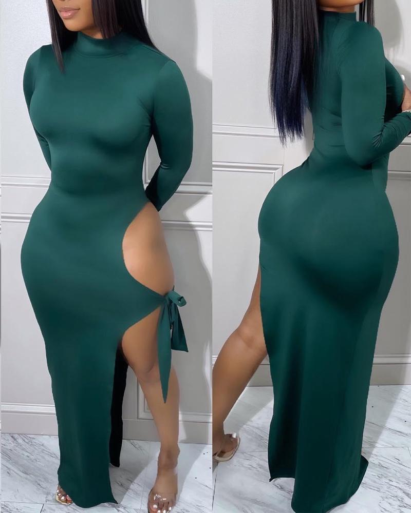 

Long Sleeve Tied Detail High Slit Bodycon Dress, Green