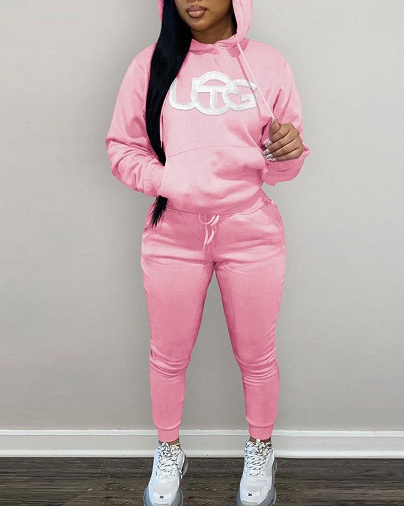 

Letter Print Hooded Sweatshirt & Drawstring Pants Set, Pink