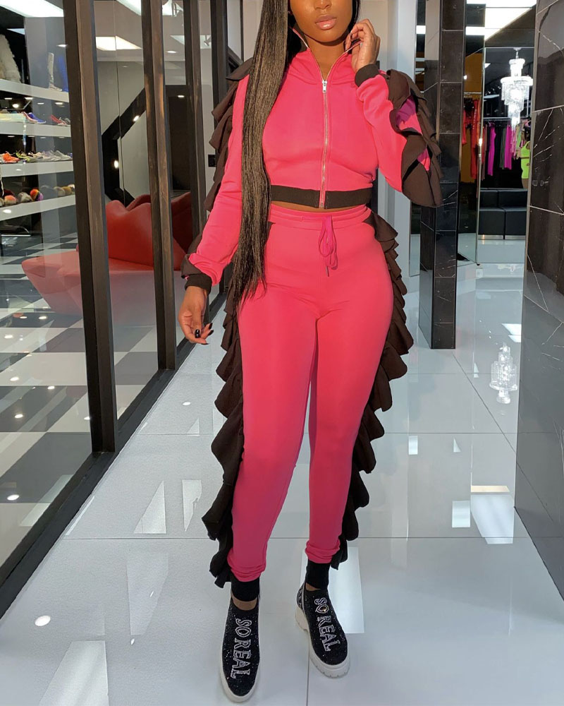 

Ruffle Hem Long Sleeve Zip Up Top & Drawstring Pants Set, Hot pink