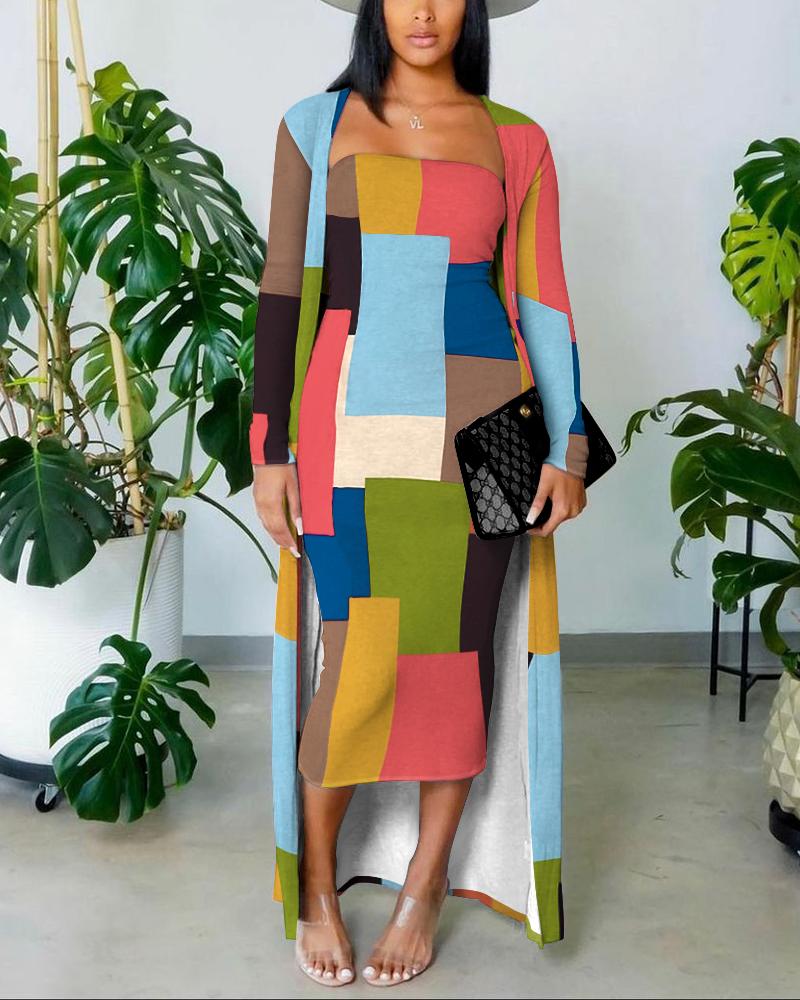 

Colorblock Print Tube Bodycon Dress With Longline Coat, Multicolor
