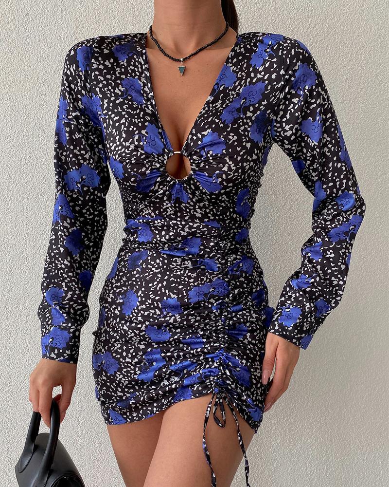

Floral Print Drawstring Ruched O-Ring Bodycon Dress, Blue