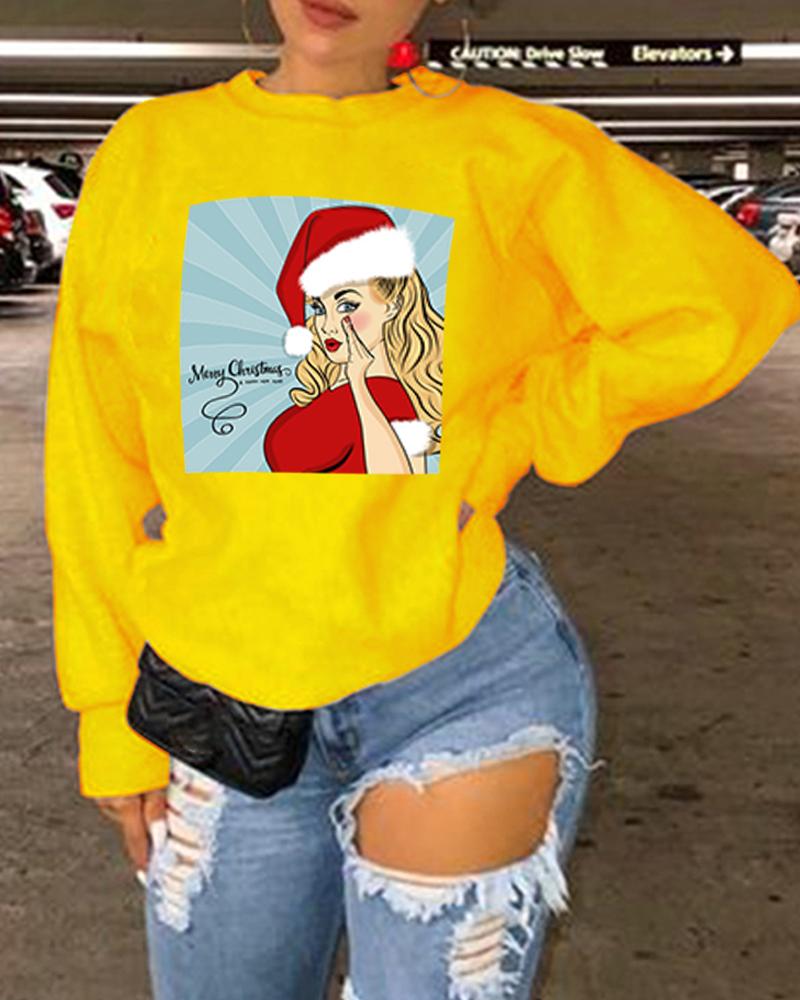 

Plus Size Graphic Print Lantern Sleeve Sweatshirt, Yellow