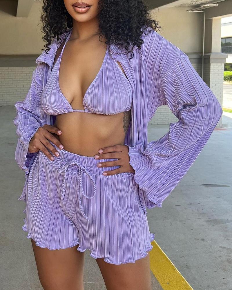 

3PCS Halter Drawstring Frill Hem Crop Top& Shorts&Cardigan Set, Purple