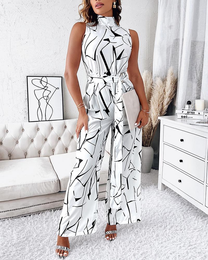 

Allover Print Sleeveless Belted Jumpsuit, White