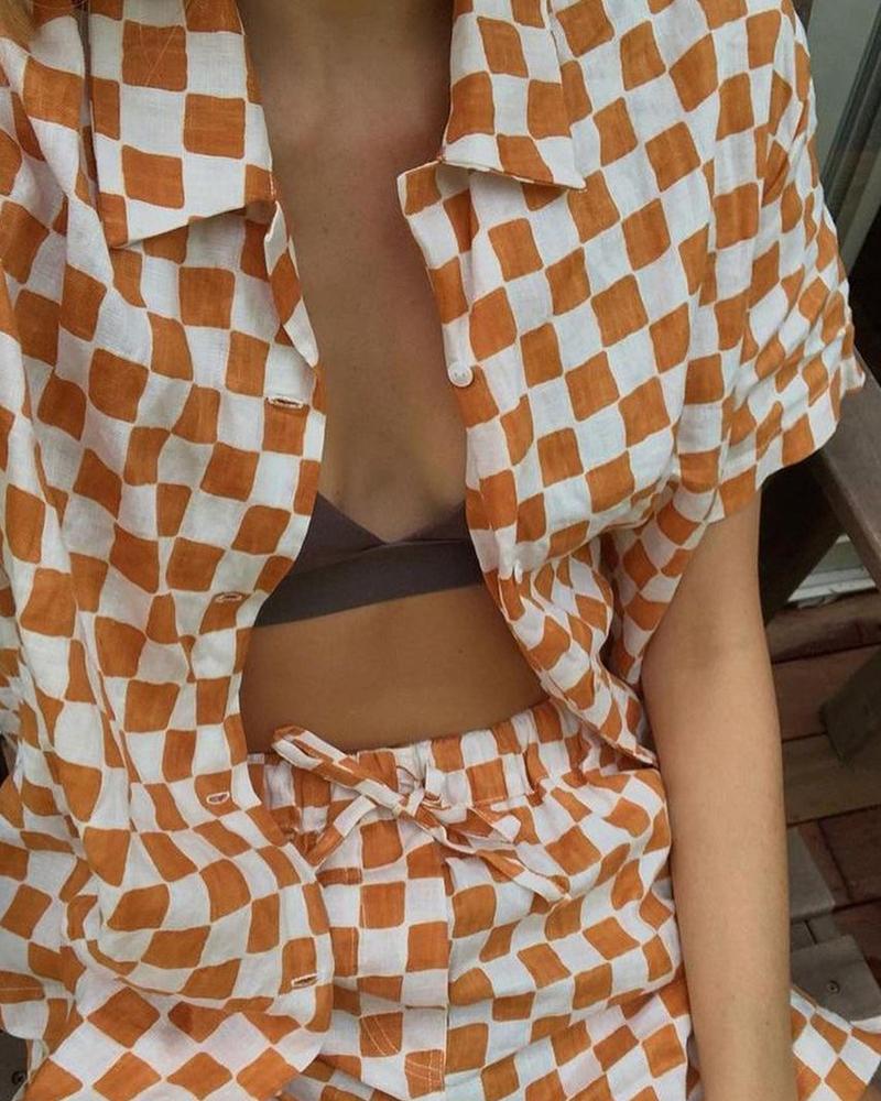 

Plaid Short Sleeve T-shirt With Short Pants Suit Sets, Orange