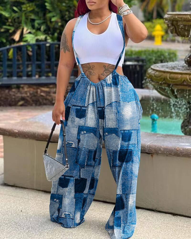 

Denim Look Print Wide Leg Suspender Jumpsuit, Blue