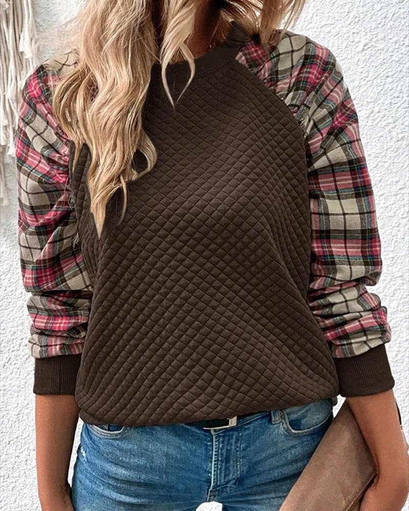 

Plaid Print Long Sleeve Textured Sweatshirt, Coffee