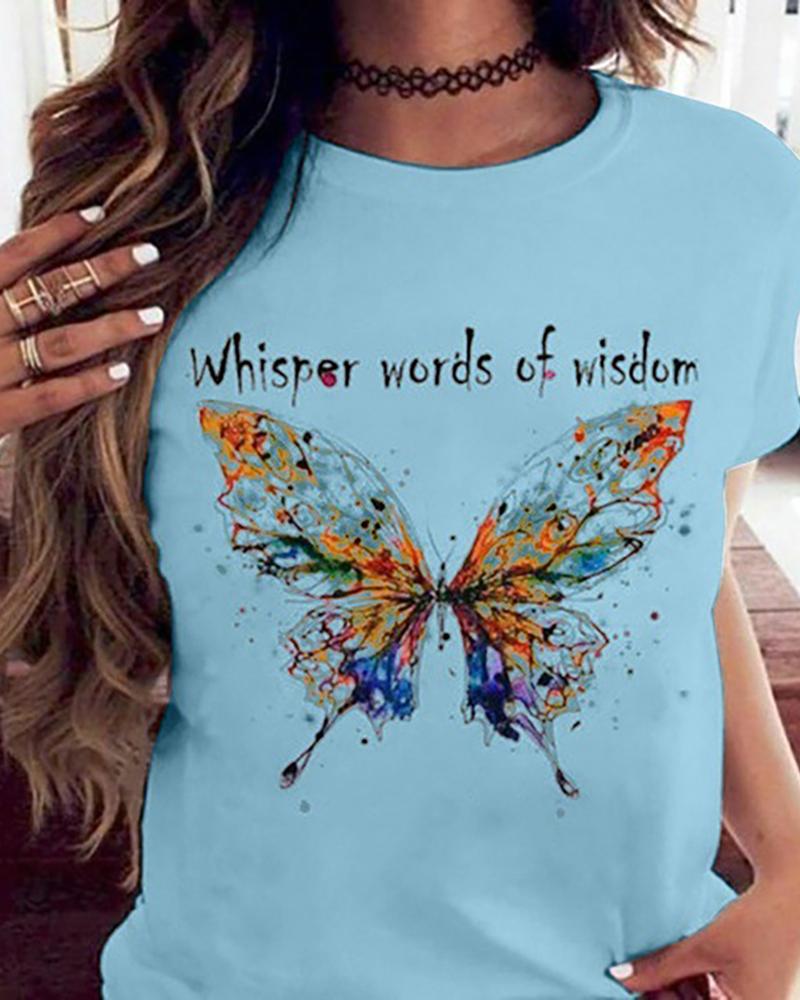 

Butterfly Print Short Sleeve Casual T-shirt, Light blue