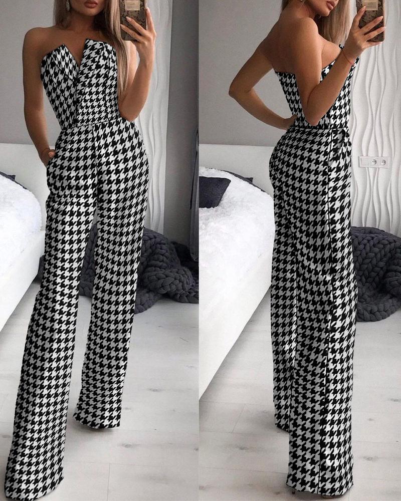 

Houndstooth Print Straight Leg Tube Jumpsuit, Black&white