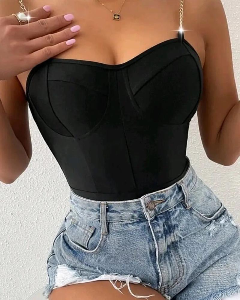 

Chain Strap Patchwork Corset Bodysuit, Black