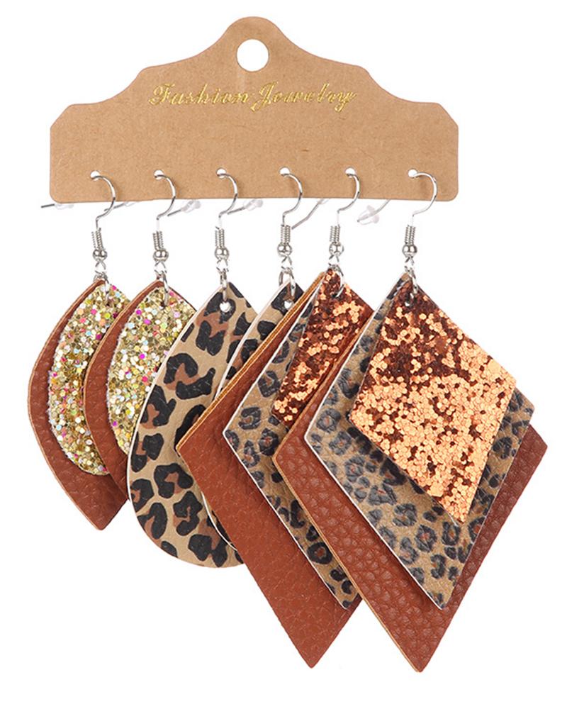 

3Pairs Leopard Layered Leaf Argyle Shaped Vintage Drop Earrings Set, Style2