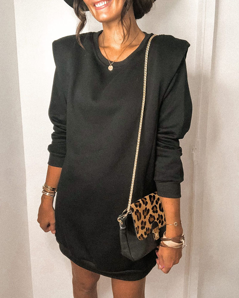 

Plain Long Sleeve Padded Casual Dress, Black