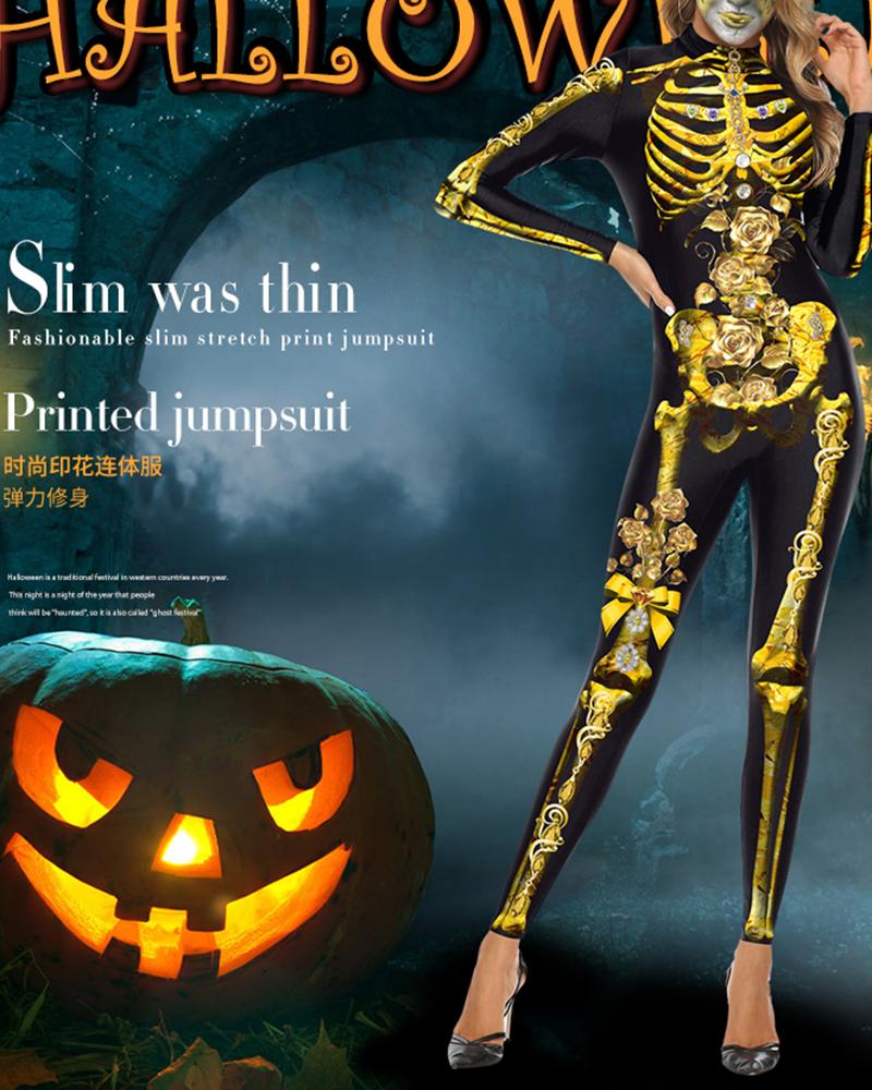

Halloween 3D Skeleton Print Costume Jumpsuit, Gold