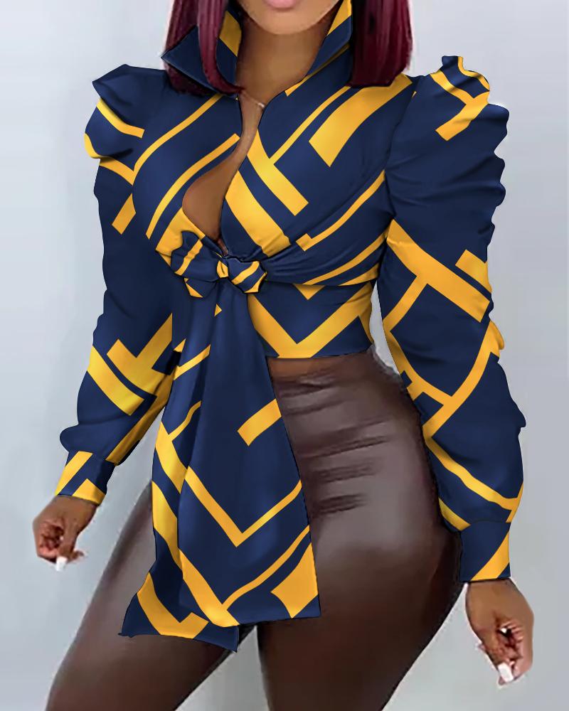 

Geometric Print Tied Detail Puff Sleeve Top, Blue