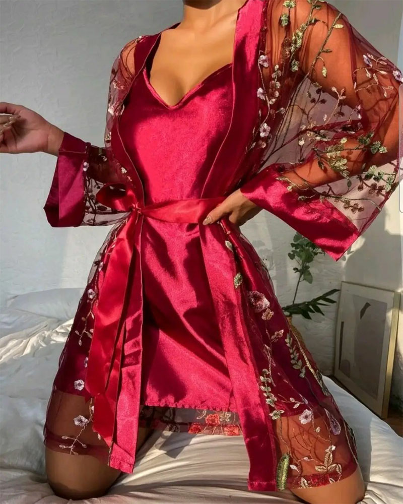 

Satin Nightdress With Floral Embroidery Sheer Mesh Belted Robe, Wine red