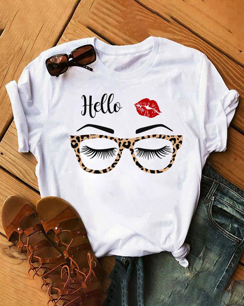 

Lip Figure Print Short Sleeve Casual T-shirt, White