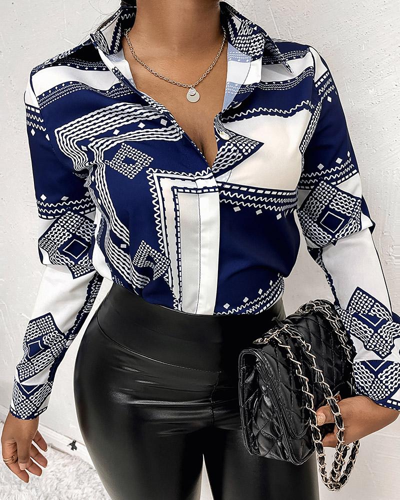 

Geometric Print Long Sleeve Button Down Shirt, Dark blue