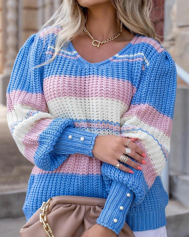 

Colorblock V-Neck Beaded Detail Sweater, Multicolor
