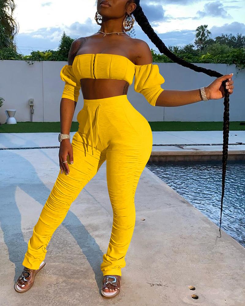 

Off Shoulder Crop Top & Drawstring High Waist Pants Set, Yellow