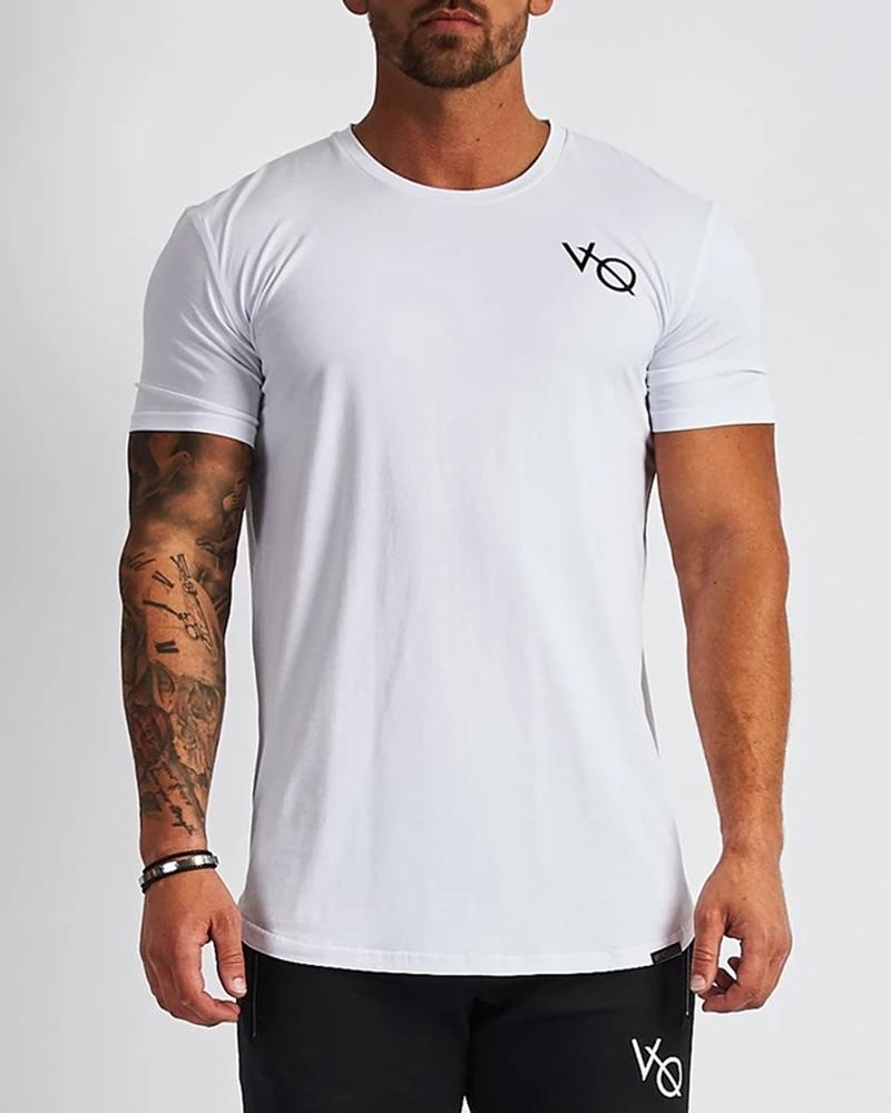 

Solid Color Splicing Letter Short Sleeve Sport T-shirt, White