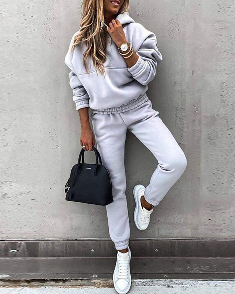 

Long Sleeve Hooded Top & High Waist Pants Set, Gray