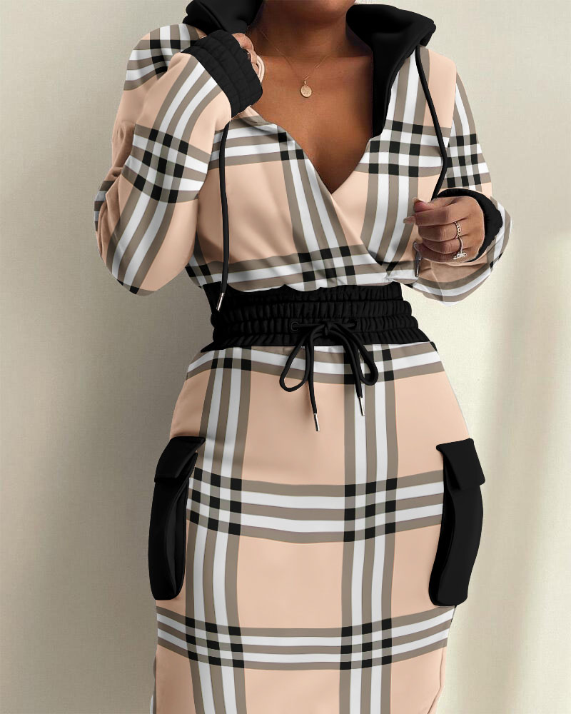 

Plaid Print Drawstring Hooded Sweatshirt Dress, Khaki