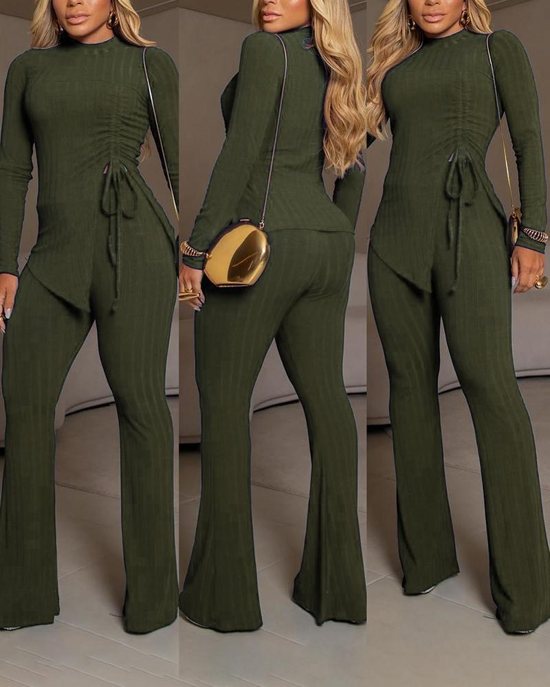 

Side Drawstring Slit Ribbed Top & Flared Pants Set, Army green