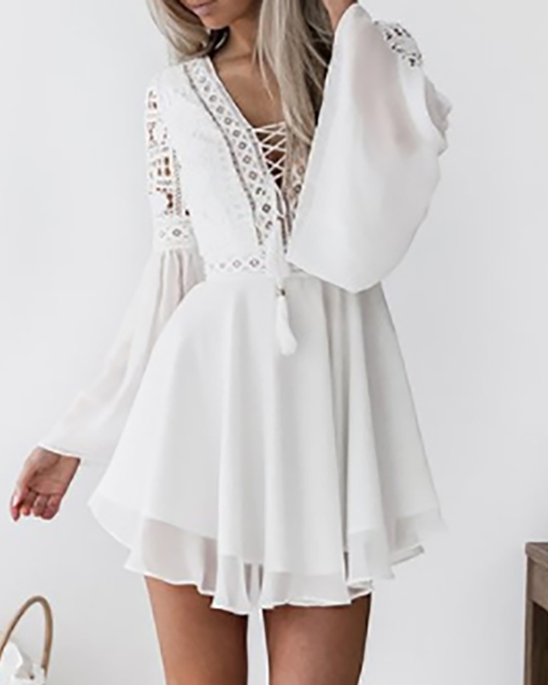 

Hollow Out Lace Strappy Bell Sleeve Casual Dress, White