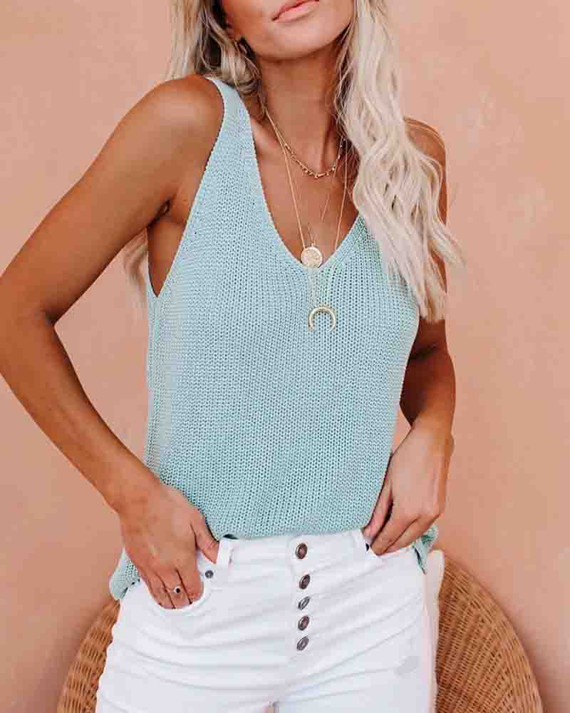 

V-Neck Knit Sleeveless Plain Basic Tank Top, Green