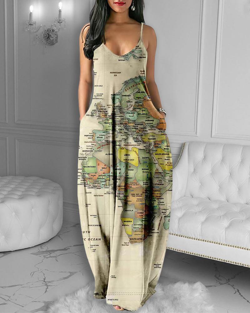 

Map Print Spaghetti Strap Maxi Dress, Apricot