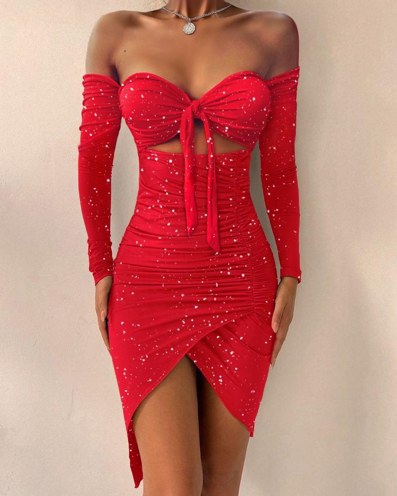 

Off Shoulder Cutout Tied Detail Ruched Glitter Party Dress, Red