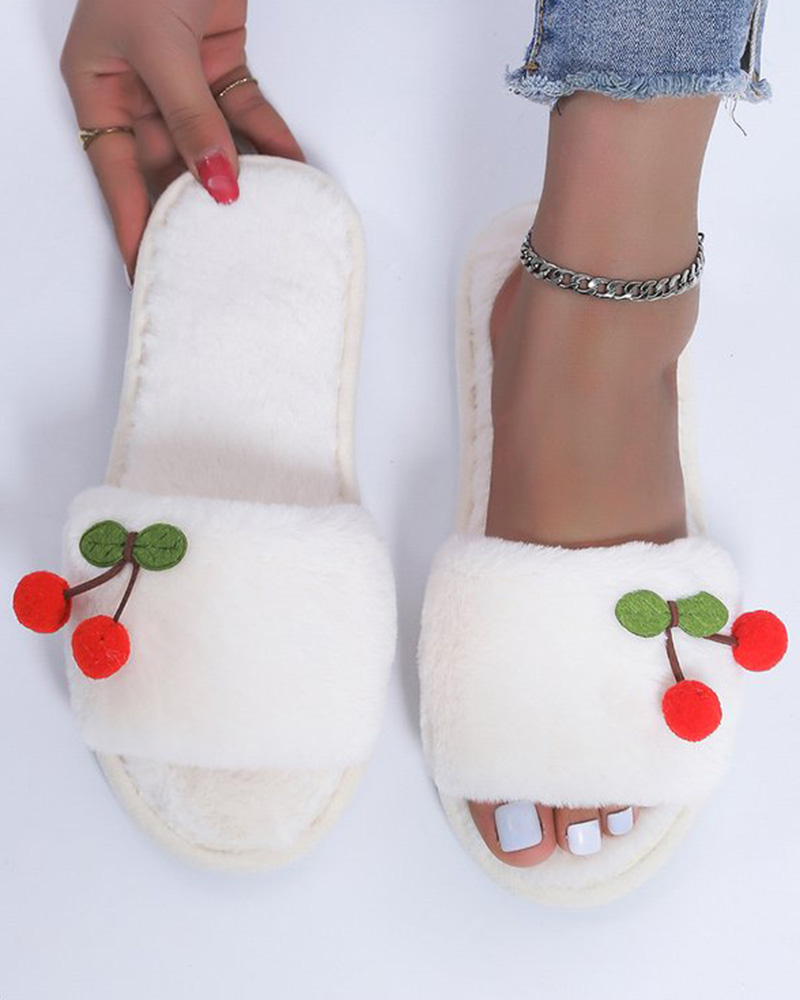 

Cheery Pattern One Strap Fuzzy Slippers, Beige