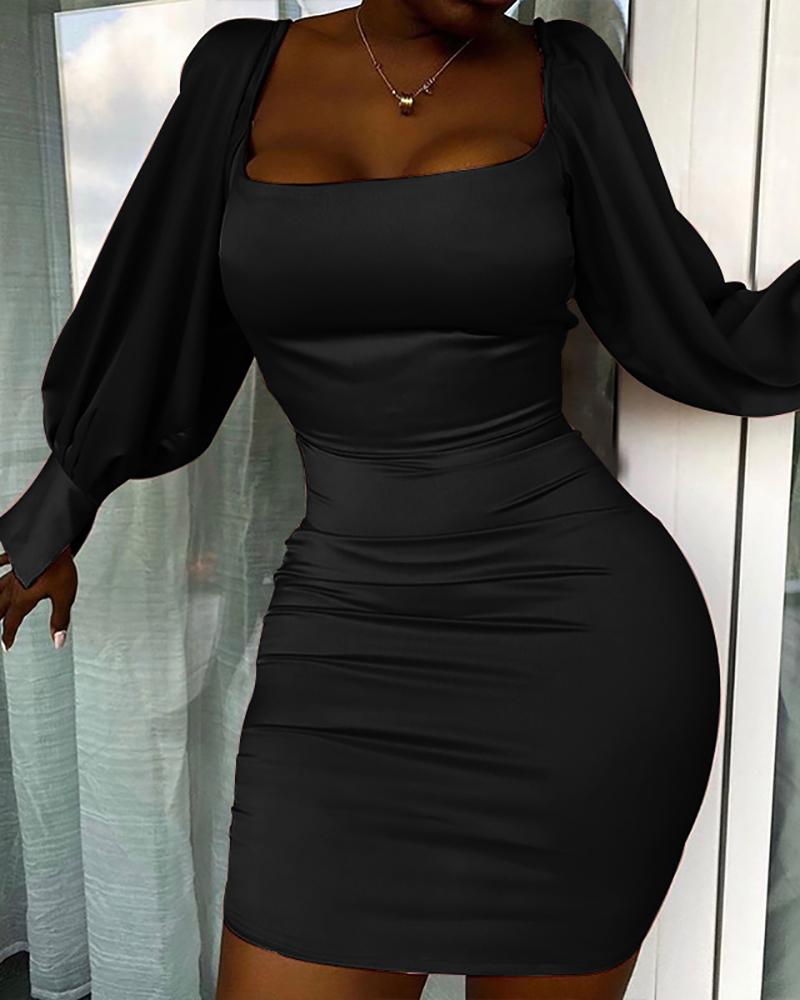 

Square Neck Puff Lantern Sleeve Satin Skinny Party Dress, Black