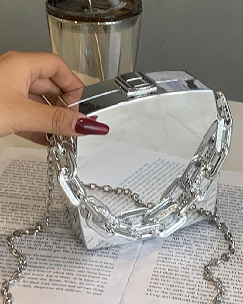 

Press Lock Chain Strap Mini Square Satchel Bag, Silver