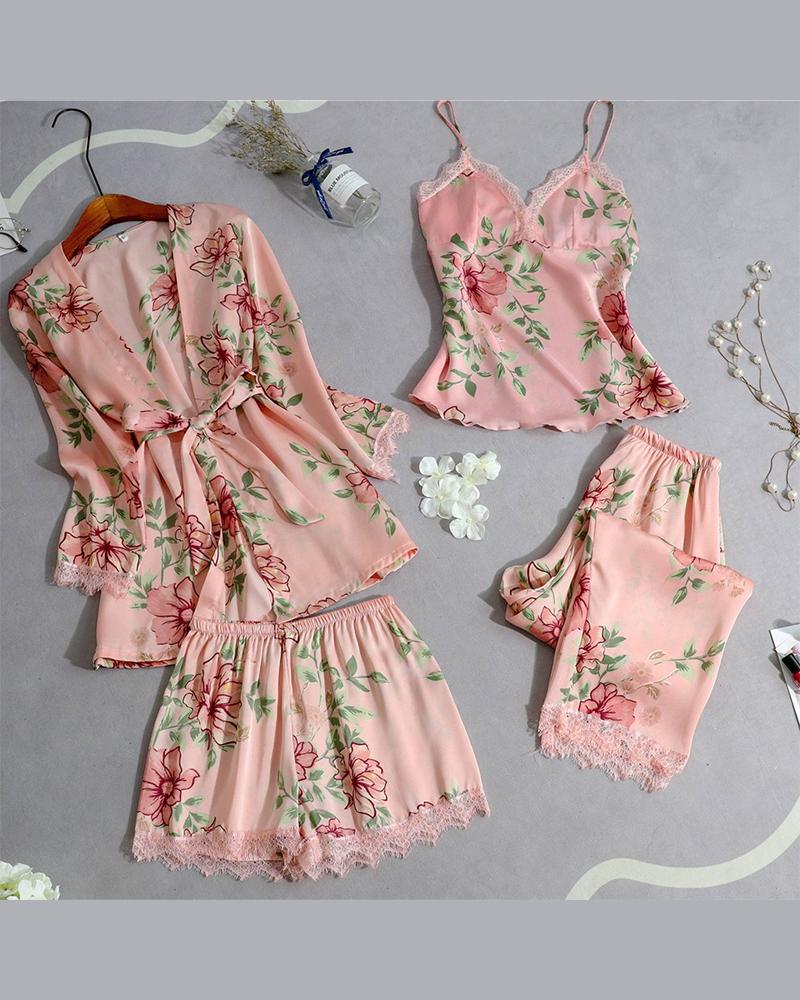 

Floral Print Lace Hem Four-piece Pajamas, Pink