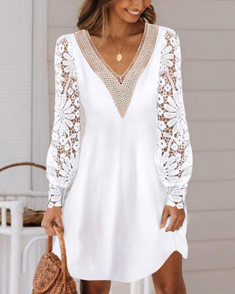 

Contrast Lace Lantern Sleeve Casual Dress, White