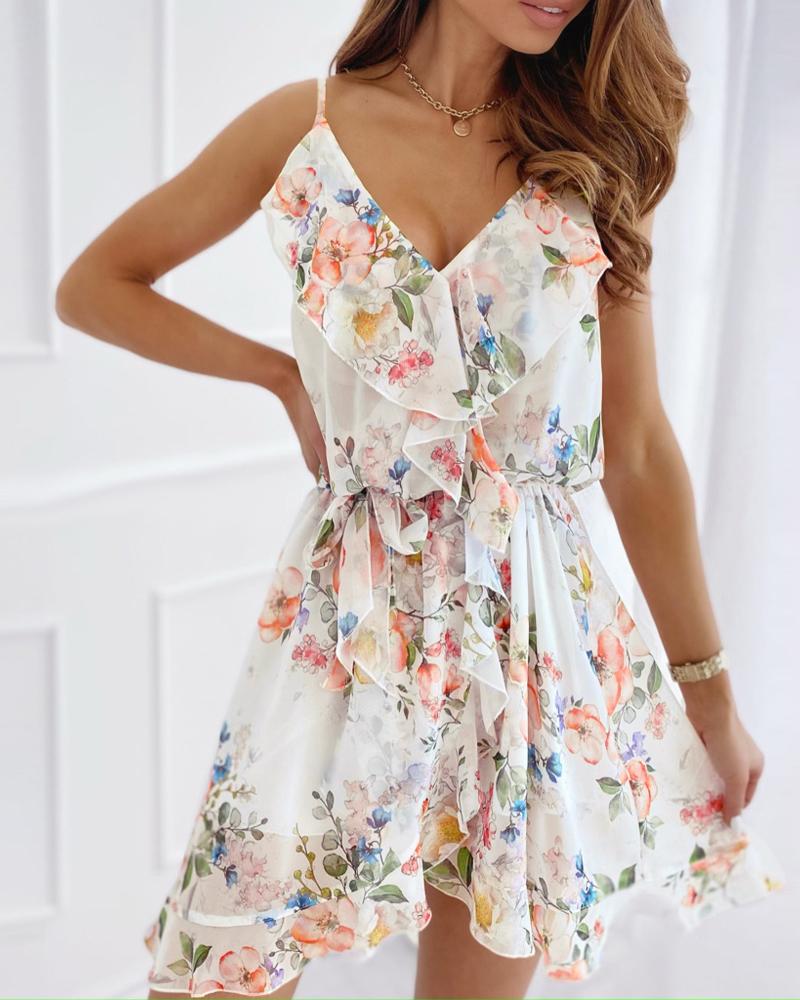 

Floral Print Ruffle Hem Chiffon Dress, White