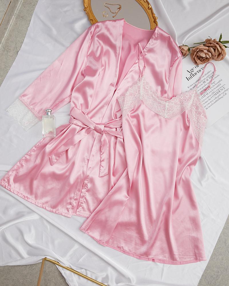 

Lace Patch Nightgown & Cami Set With Robe, Pink