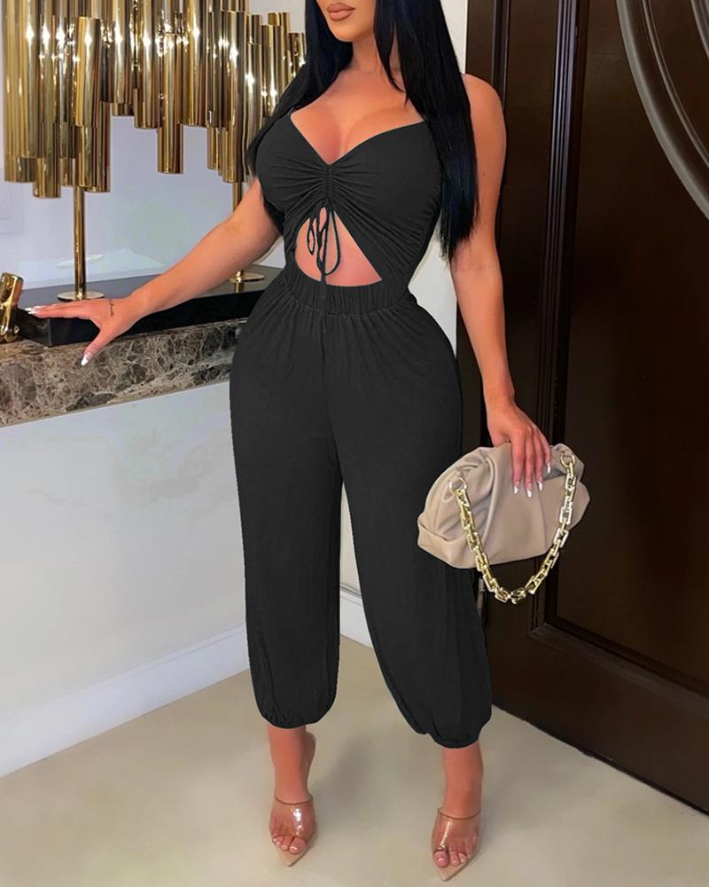 

Drawstring Spaghetti Strap Top & Harem Pants Set, Black