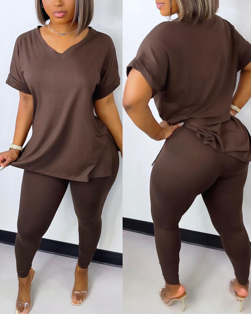 Split Hem Casual Top & Pants Set