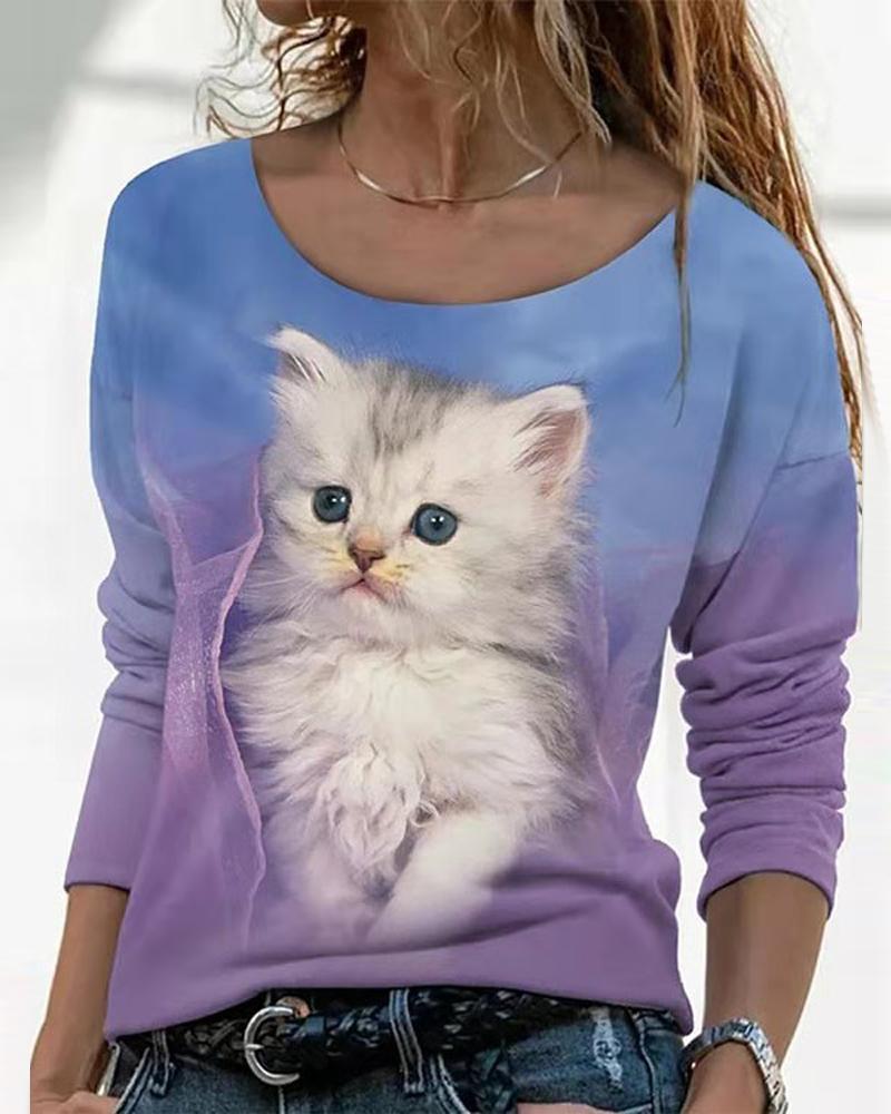 

Cute 3D Cat Print Long Sleeve Casual Top, Blue