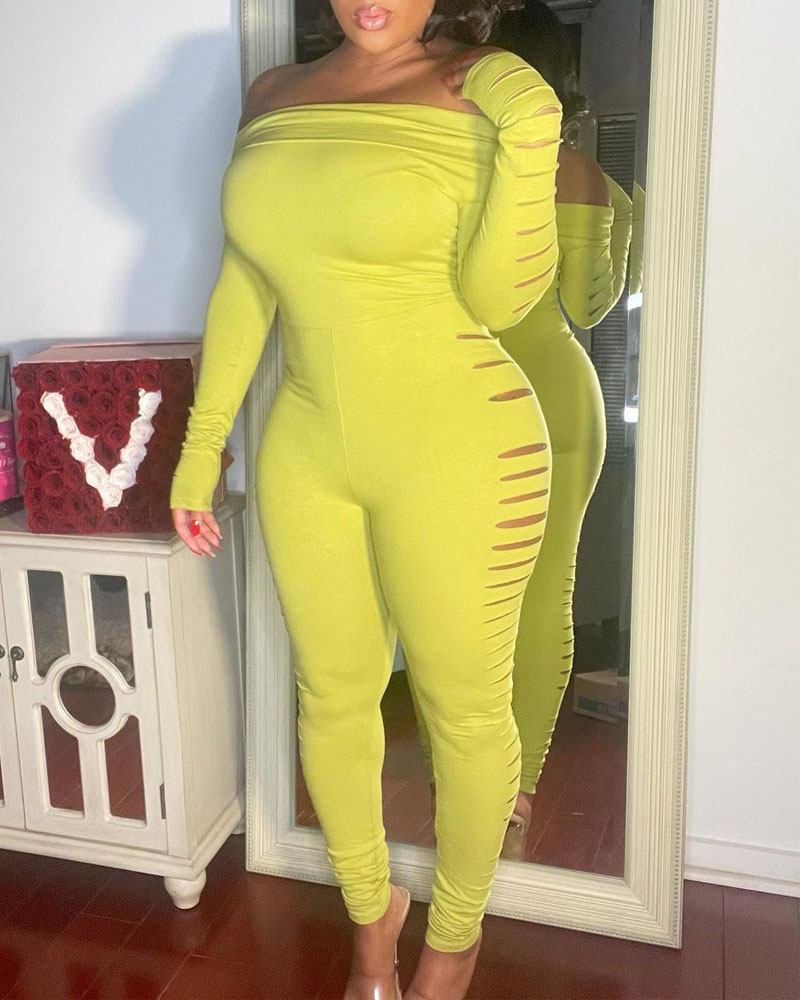 

Off Shoulder Ladder Cutout Skinny Jumpsuit, Yellow