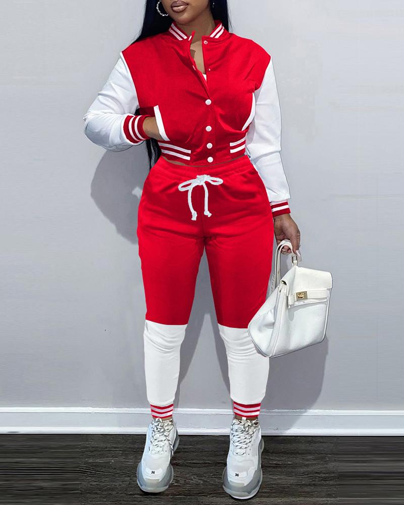 

Colorblock Striped Trim Bomber Jacket & Pants Set, Red