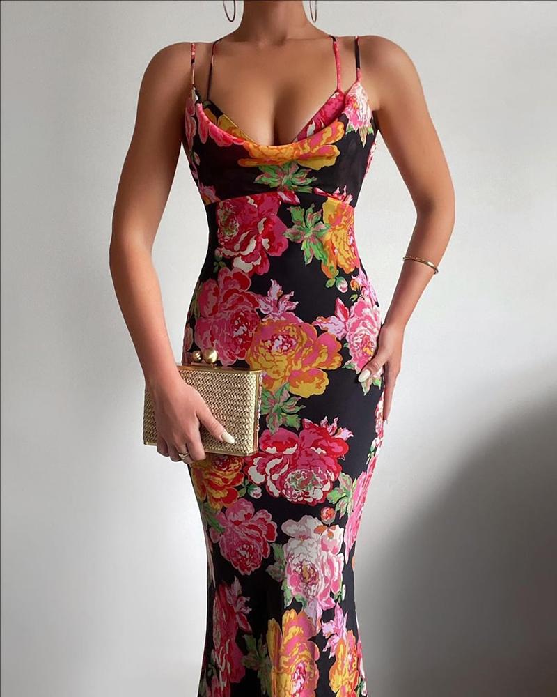 

Floral Print Spaghetti Strap Mermaid Evening Dress, Multicolor